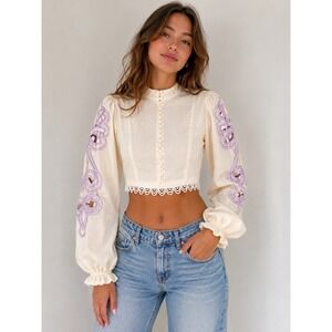 Limonada Pink Embroidered Sleeve Cropped Blouse Medium Cottagecore Romantic Top
